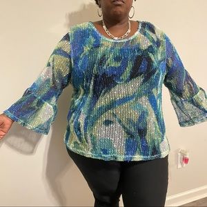 Blue and Green Long Sleeve Mesh Shirt
